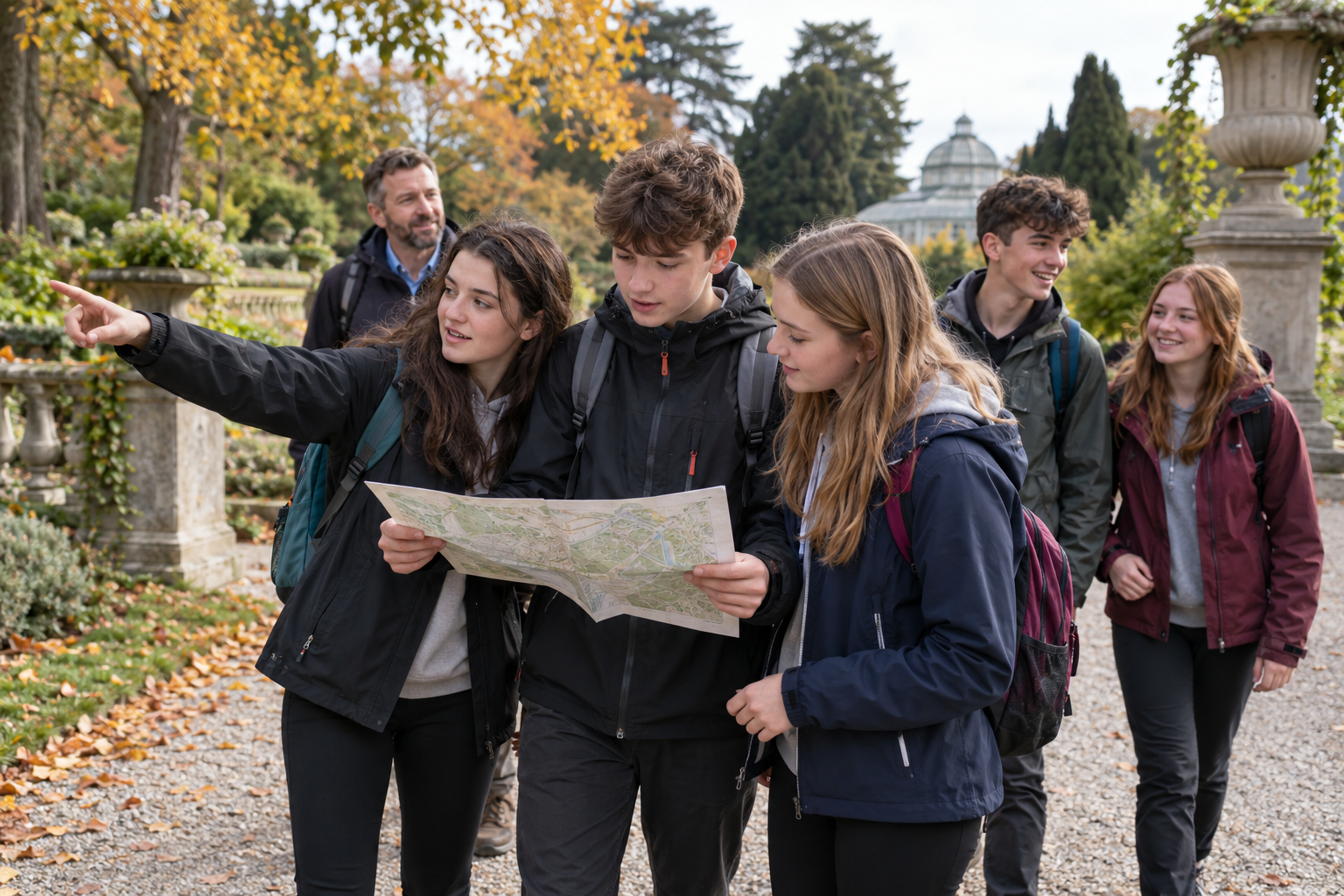 Students using a map together to plan their route through a botanical garden.