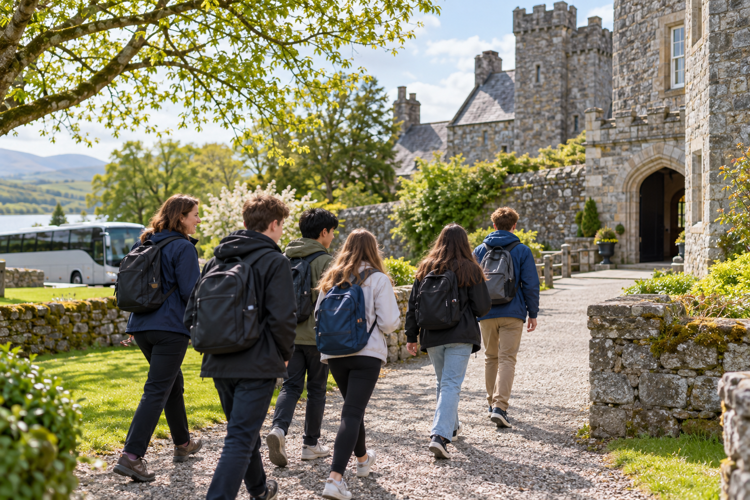 Secondary school students and their teacher arriving at a heritage attraction in spring. Secondary school students and their teacher arriving at a heritage attraction in spring.