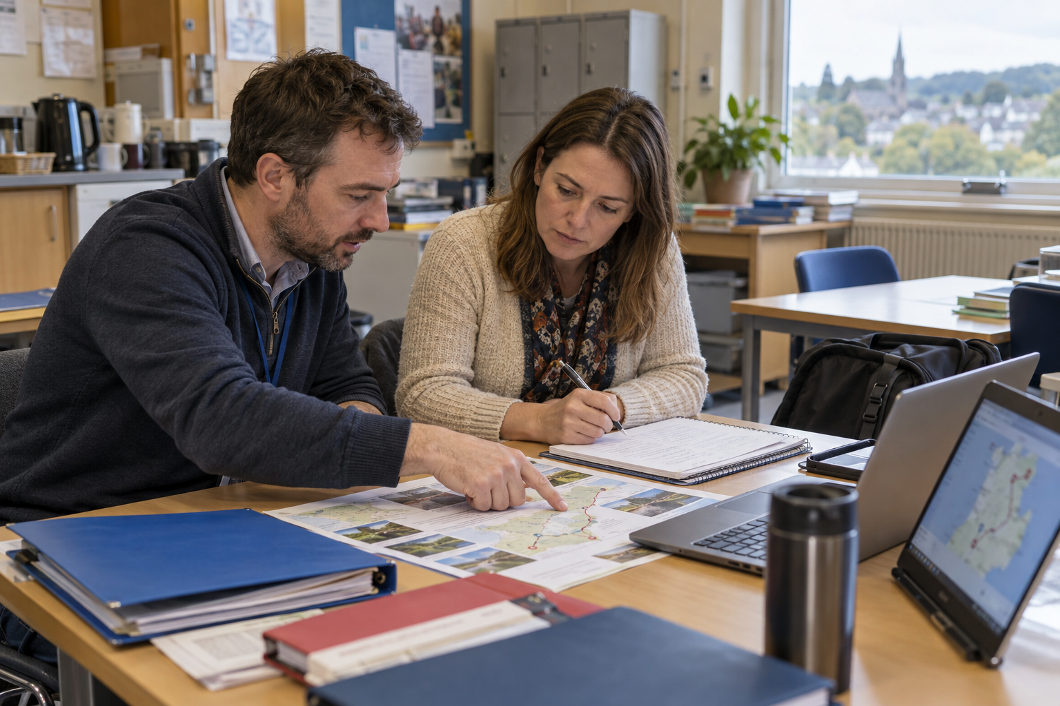 Teachers reviewing a school tour itinerary and noting potential risks Teachers reviewing a school tour itinerary and noting potential risks